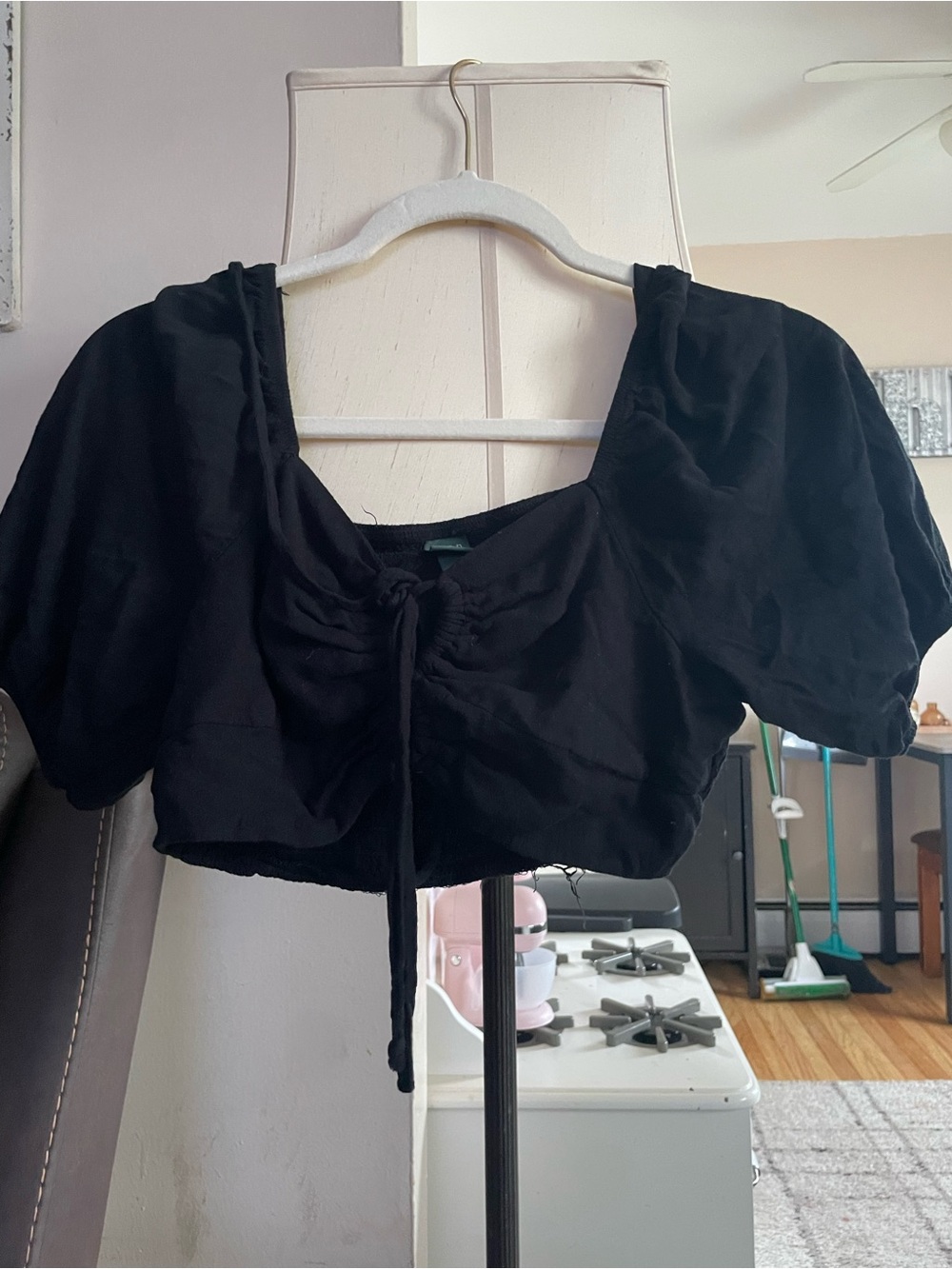 wild fable Black Drawstring Puff Sleeve Crop Top
